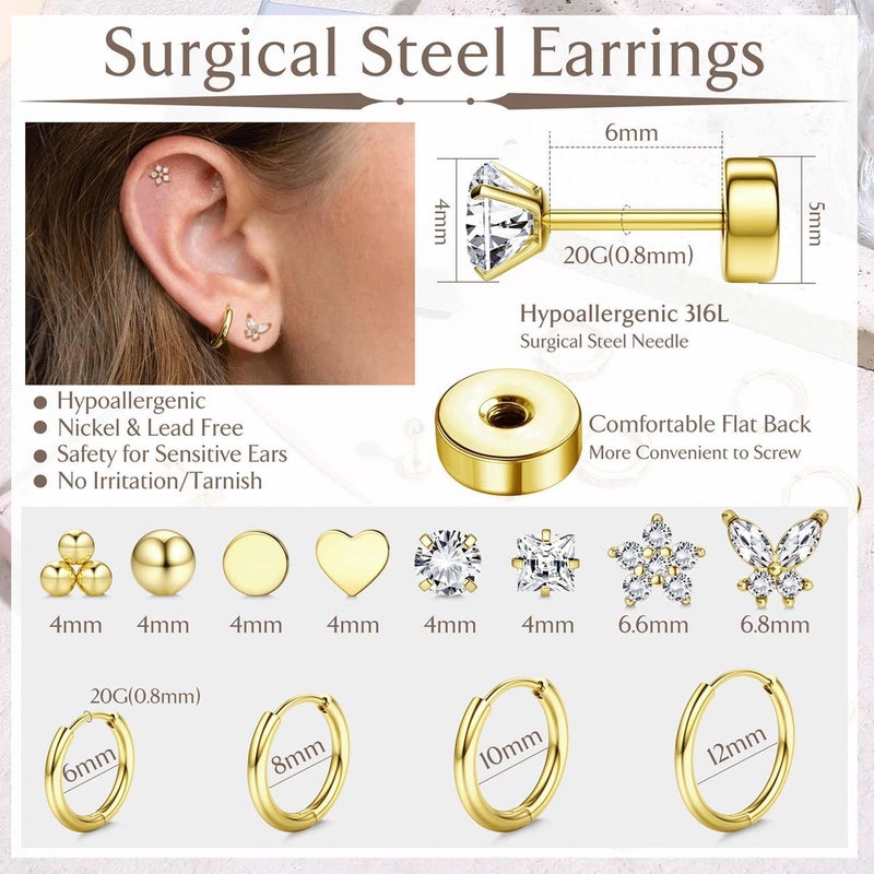 Jstyle Hypoallergenic 14K Gold Plated Flat Back Earrings for Women Men Surgical Stainless Steel Earrings for Sensitive Ears Small Stud Hoop Cartilage Earring Stack Set for Multiple Piercing Jewelry - Image 5